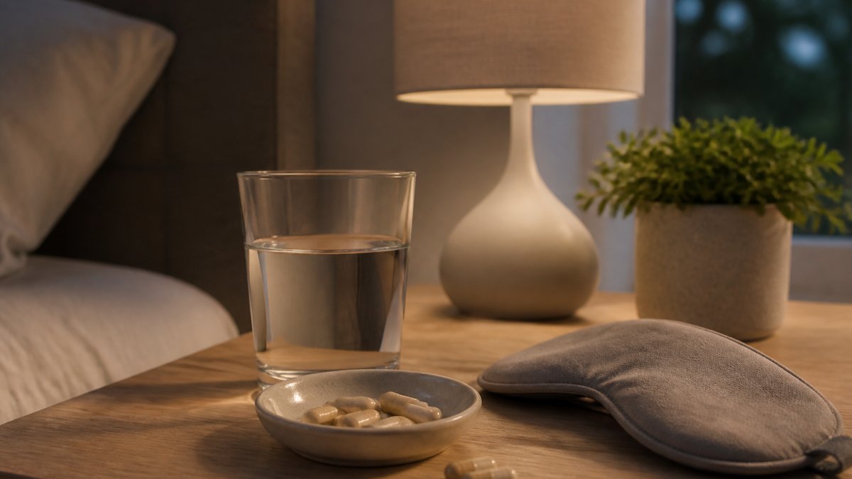 Glass of water and sleep drink powder on a nightstand under warm lamp light