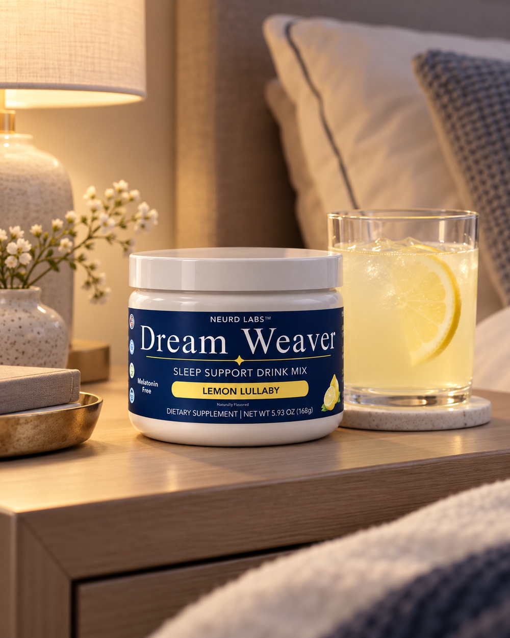 Dream Weaver Lemon Lullaby on a bedside table beside a prepared nighttime drink
