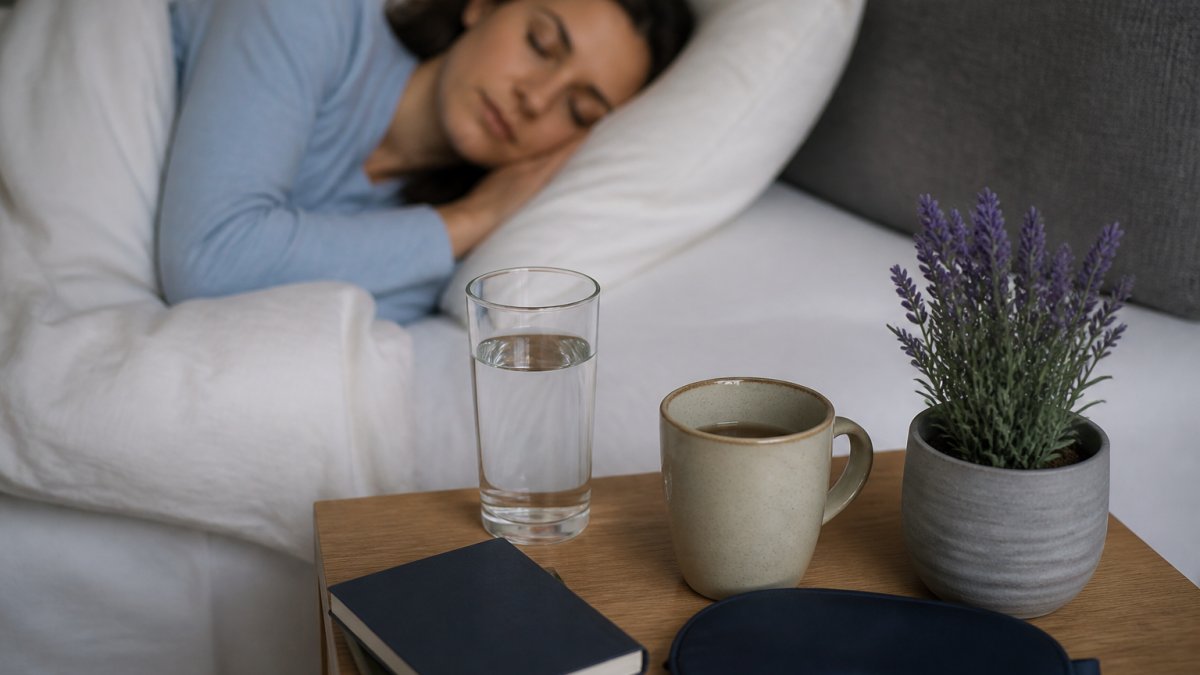 Glass of water and a scoop of lemon sleep drink mix on a kitchen counter in the evening
